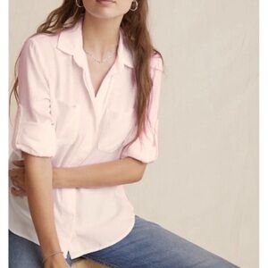 Cloth & Stone 100% Linen Light Pink Split Back Roll Tab Sleeve Blouse Shirt Top
